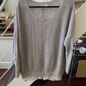 Gray tunic-style knit sweater with lace trim